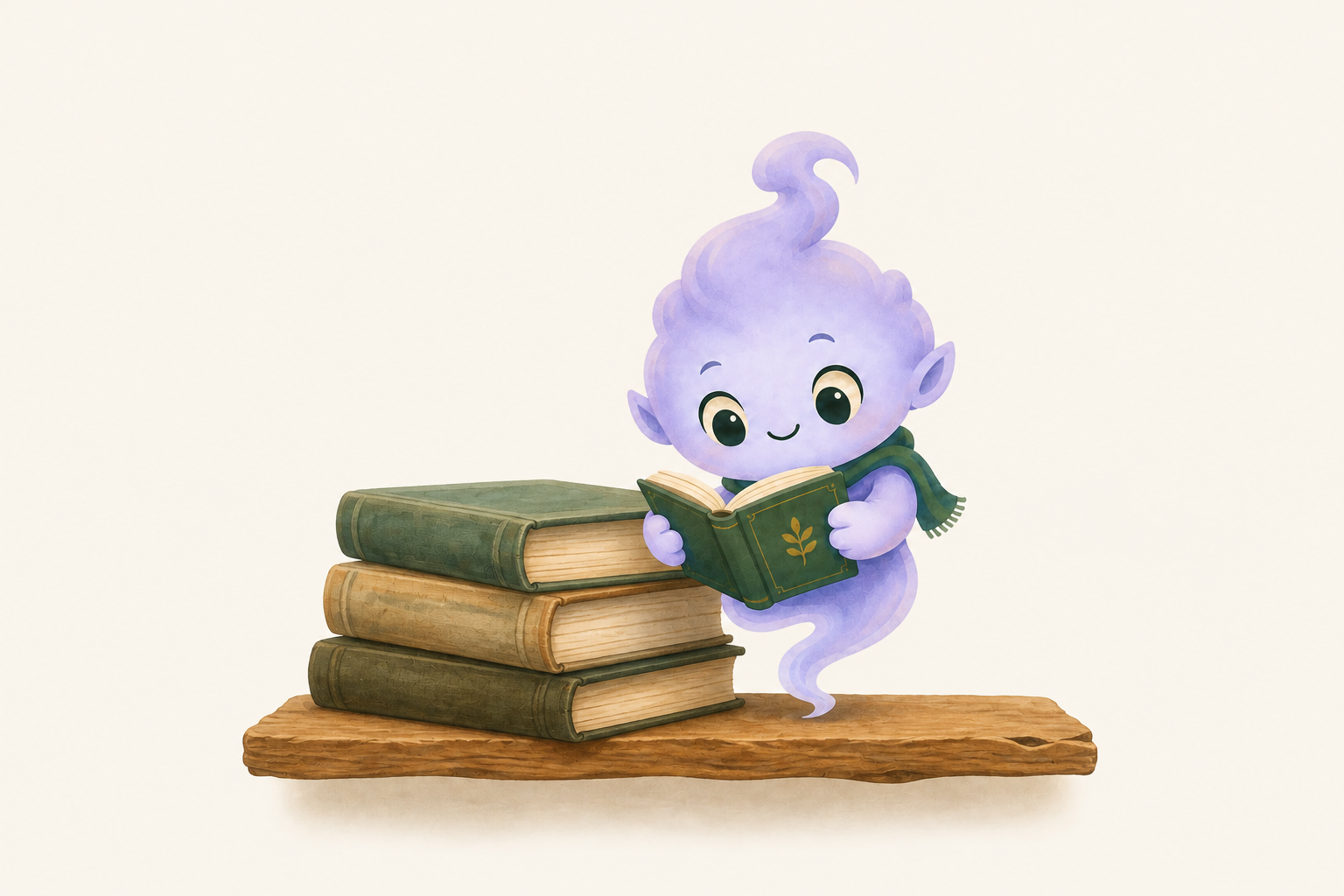 Our lavender book genie reading beside a little stack of well-loved books.